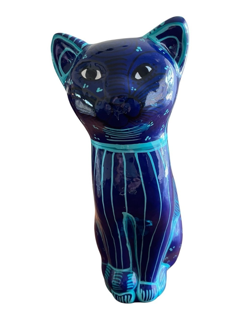 Hand-Painted Mexican Folk Art Cat Piggy Bank Cobalt Blue Terra Cotta Signed